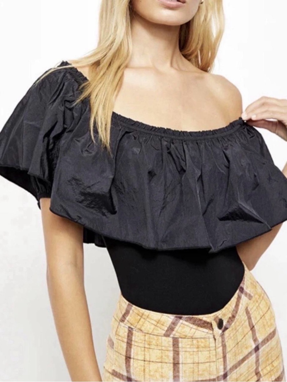 FREE PEOPLE intimately Poof Goes My Heart Ruffle Bodysuit Black Off Shoulder